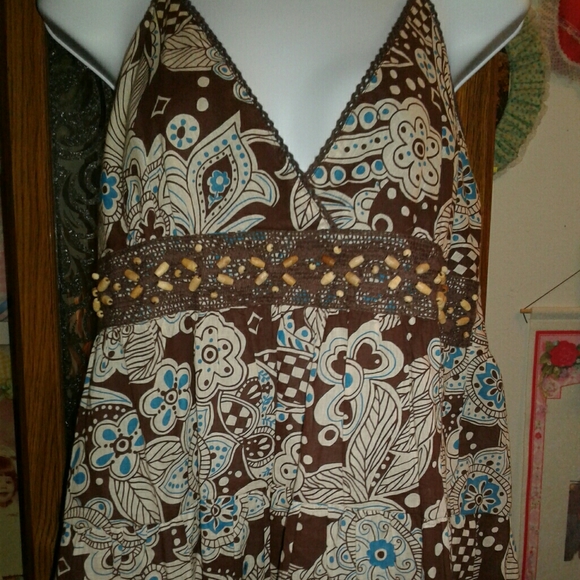 Cute,Turquoise & Brown,70's Inspired,Bohemian,SmockTop/Bead & Lace Detail💙🤎🩵 - Picture 1 of 8
